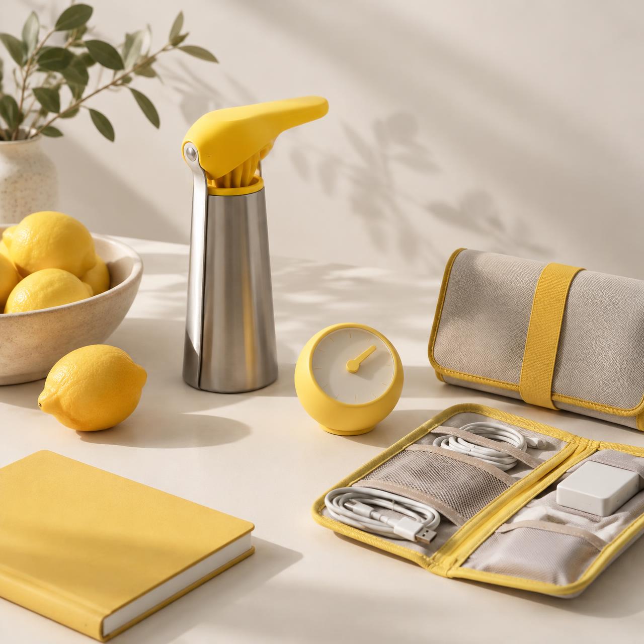 A collection of clever everyday gadgets on a warm table
